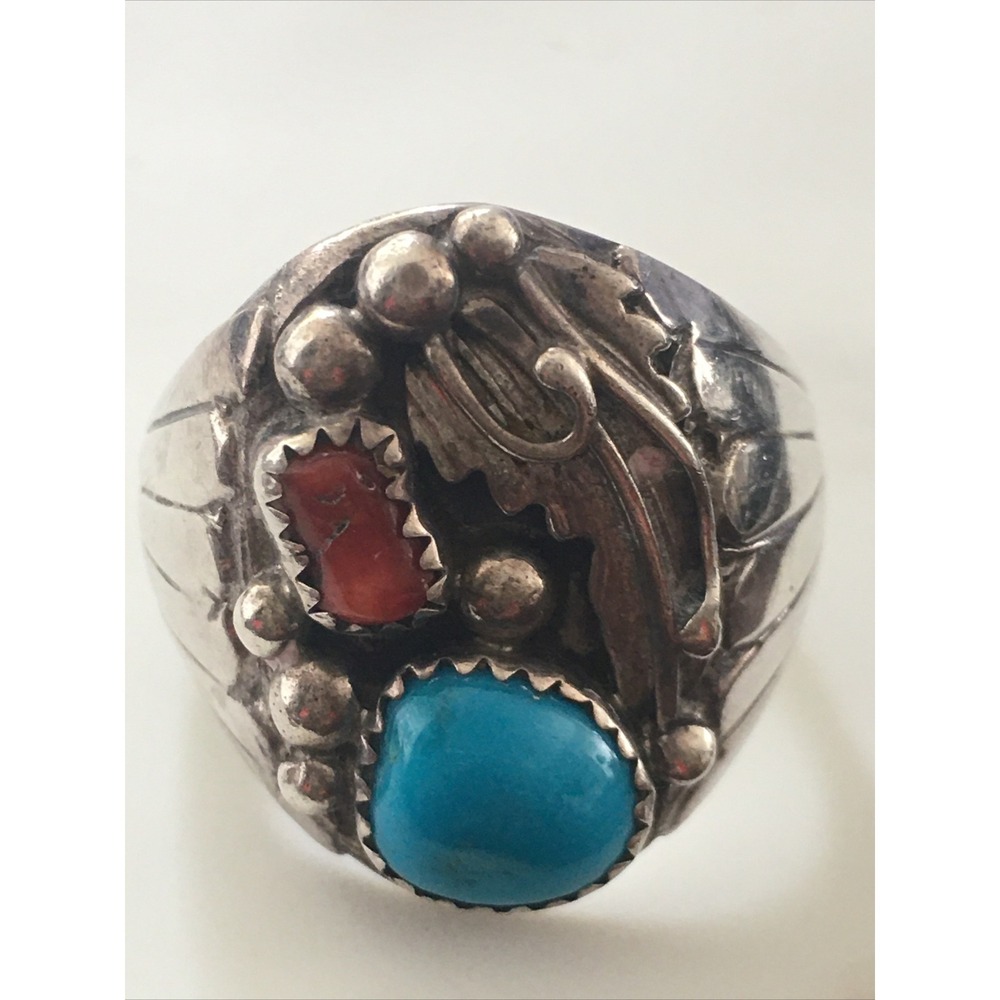 Vintage Navajo RB Robert Begay Sterling Silver turquoise coral Ring Size 10.5